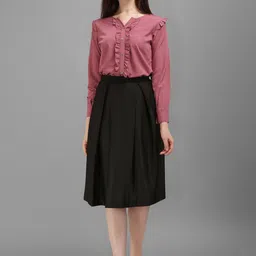 Kinjo Notch Neck Cuffed Sleeves Ruffle Detailed Top With Skirt-image-50