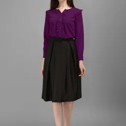 Kinjo Notch Neck Cuffed Sleeves Ruffle Detailed Top With Skirt-image-85