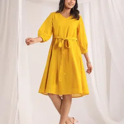 Janasya Yellow V-Neck Puff Sleeves Cotton A-Line Dress-picture-57