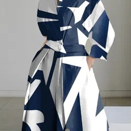 StyleCast White & Navy Blue Shirt Collar Print Fit & Flare Dress-image-69