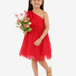 KidsDew Girls Self Design One Shoulder Bow Detail Net Fit & Flare Dress-13