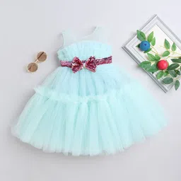 MANY FROCKS & Girls Round Neck Bow Detail Net Fit & Flare Dress-image-26