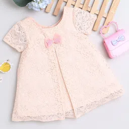 MANY FROCKS & Girls Self Design Bow Detailed Net A-Line Dress-image-34