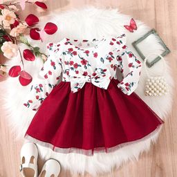 BAESD Girls Floral Printed Bow Applique Net Fit & Flare Dress-46