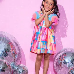 LIL DRAMA Girls Barbie Print Typography Print Ruffles Cotton A-Line Dress-picture-21