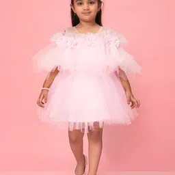 Muhuratam Girls Self Design Cold-Shoulder Sleeves Net Fit & Flare Dress-3