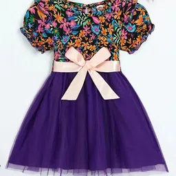 BAESD Girls Floral Printed Puff Sleeves Net Fit & Flare Dress-image-98