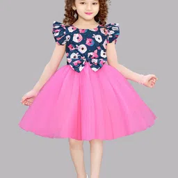 Pink Chick Girls Conversational Print Flutter Sleeve Net Fit & Flare Dress-5