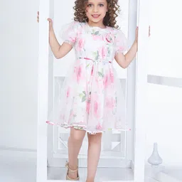 Peppermint Floral Printed Puff Sleeve Net Fit & Flare Dress-image-36