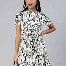EVERYDAY by ANI White Abstract Printed Round Neck Tie-ups A-Line Dress-image-53