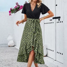 all about you Animal Print V-Neck Flared Sleeves Gathered Slip Slit Wrap Dress-image-90