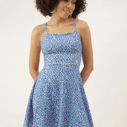 AAHWAN Floral Print Shoulder Straps Fit & Flare Mini Dress-image-21