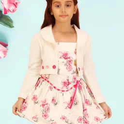 CUTECUMBER Girls Floral Print Fit & Flare Dress with Full Sleeve Shrug-image-64