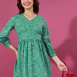 KETCH Green Floral Printed V-Neck Smocked Fit & Flare Dress-image-45