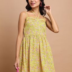 Tokyo Talkies Yellow Floral Printed Shoulder Strap Fit & Flare Dress-image-18