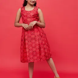 Aks Kids Girls Ethnic Motifs Printed Cut-Outs Silk Fit & Flare Dress-image-61