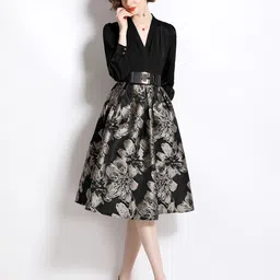 JC Collection Floral Printed V-Neck Cuffed Sleeves Fit & Flare Dress-image-89