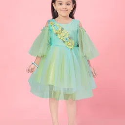 BAESD Girls Cold Shoulder Sleeves Embellished Net Fit & Flare Dress-2