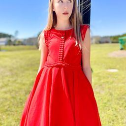 Cherry Crumble Girls Red Solid Fit and Flare Dress-image-63