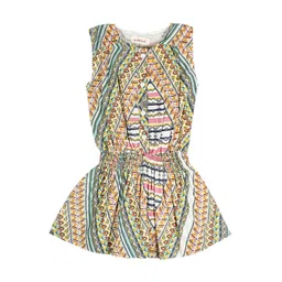 My Little Lambs Girls Off-White & Green Printed Fit and Flare Dress-picture-4