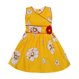 Wish Karo Girls Mustard Yellow & White Printed Fit and Flare Dress with Applique Detail-picture-3