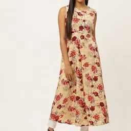 U&F Women Beige & Maroon Floral Printed A-Line Dress-picture-17