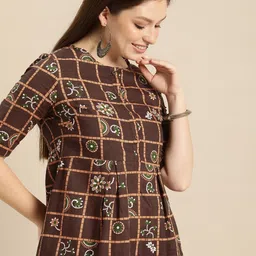 Anouk Brown Ethnic Motifs Printed Pure Cotton A-Line Dress-picture-29