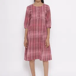 W Women Pink Checked Cotton A-Line Dress-image-16