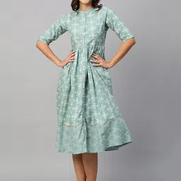 Sangria Ethnic Motifs Printed Mandarin Collar Cotton Shirt Style Ethnic Dress-image-86