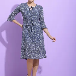 SQew Floral Printed Tie-Up Neck Georgette A-Line Dress-image-23