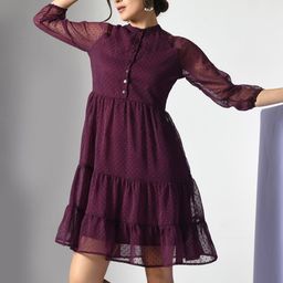 IUGA Self Design Puff Sleeve Georgette Fit & Flare Dress-image-9