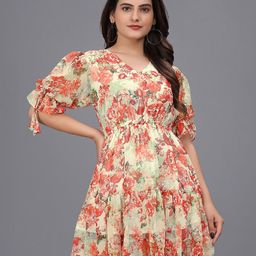 OWO THE LABEL Floral Printed V-Neck Puff Sleeve Georgette Fit & Flare Dress-image-98