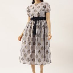 Ethnovog Floral Printed Round Neck Midi Silk Dress-image-78
