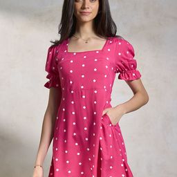 Virgio Polka Dot Printed Puff Sleeves A-Line Dress-image-65