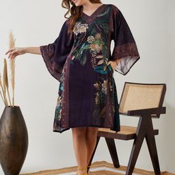 The Kaftan Company Floral Printed Flared Sleeves Velvet A-Line Dress-image-44