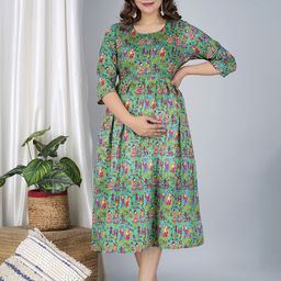BAESD Green Ethnic Motifs Print Maternity Fit & Flare Dress-image-36
