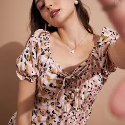 DressBerry Beige Abstract Printed V-Neck Crepe A-Line Dress-image-21