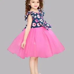 Pink Chick Girls Conversational Print Flutter Sleeve Net Fit & Flare Dress image 4
