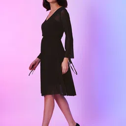Globus Black V-Neck Gathered Net Fit & Flare Front Wrap Dress With Inner image 5