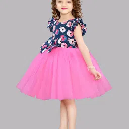 Pink Chick Girls Conversational Print Flutter Sleeve Net Fit & Flare Dress image 3