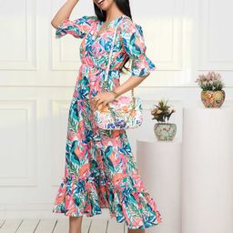DressBerry Blue & Pink Floral Print Bell Sleeve A-Line Midi Dress-image-25