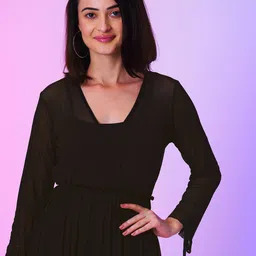Globus Black V-Neck Gathered Net Fit & Flare Front Wrap Dress With Inner image 3
