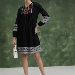 Vishudh Self Design Round Neck Self Design Cotton Embroidered A-Line Above Knee Dress-picture-3