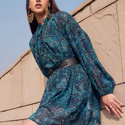 FabAlley X SIDDARTH TYTLER Ethnic Motifs Printed Chiffon Fit & Flare Dress With Belt-16