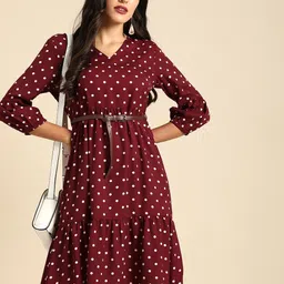 all about you Women Maroon & White A-Line Polka Dot Printed A-Line Dress With A Belt-image-40