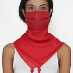 Anekaant Women Red 3-Ply Reusable Cotton Tesselled Scarf Style Fashion Mask-37