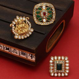 Zaveri Pearls Set Of 3 Gold-Plated Multicolored Stone-Studded Adjustable Finger Rings image 2