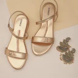 ICONICS Women Gold-Toned Textured Open Toe Flats-55