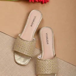 Vishudh Women Gold-Toned Textured Open Toe Flats-2