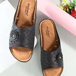 DressBerry Black Textured Laser Cuts Open Toe Flats-image-86